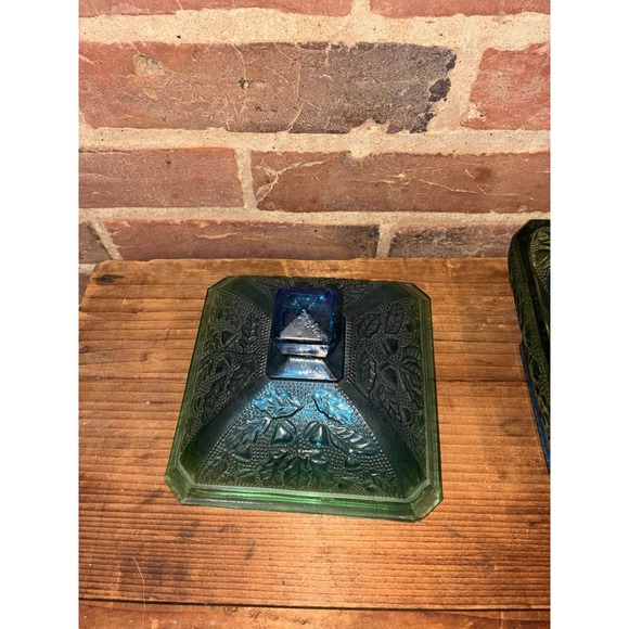 Jeannette Blue Green Glass Footed Candy Dish Grape Leaf - Picture 8 of 9